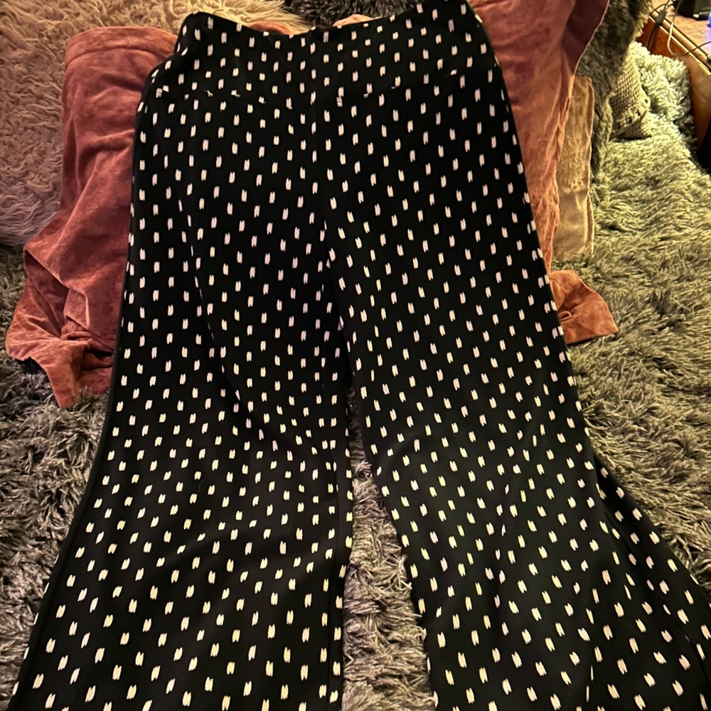 Black and white polka dot smooth fit full leg pant.  Very soft and comfortable
